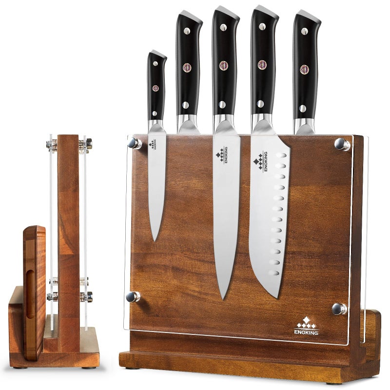 ENOKING Magnetic Knife Block with Acrylic Shield, Double Side Kitchen Knife Holder without Knives- Acacia Wood Universal Knife Storage Organizer with Powerful Magnet for Kitchen Counter - Image 1